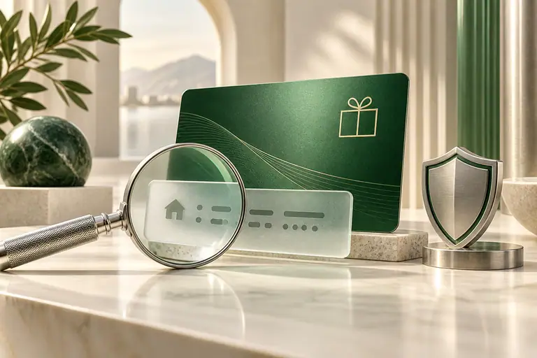 Magnifying glass over a wallet address strip beside a gift card and shield