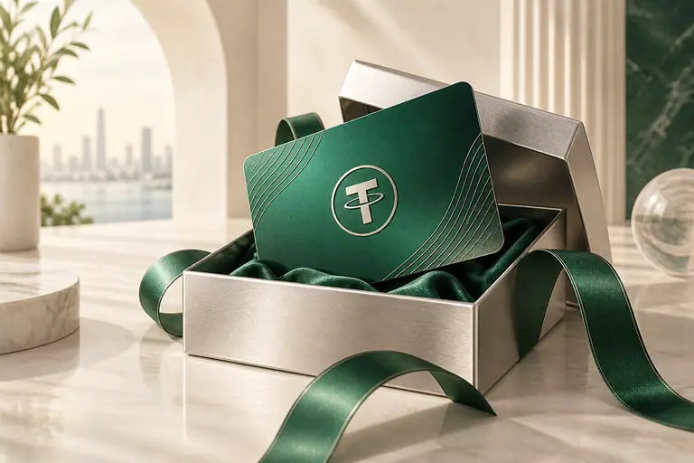 Emerald USDT gift card in an open silver gift box