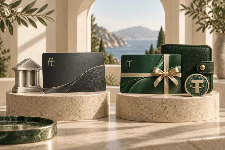 Graphite card beside an account symbol, compared with an emerald gift card and personal wallet