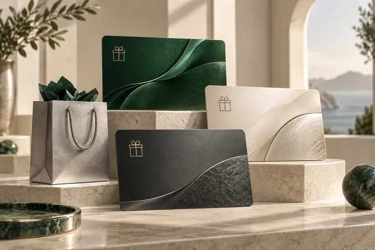 Emerald, pearl and graphite gift cards on stone display platforms
