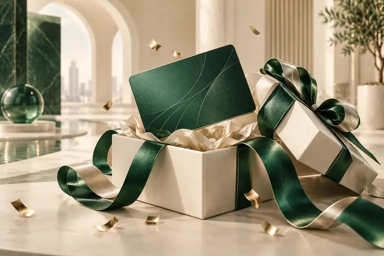 Emerald gift card in a cream gift box with ribbons and golden confetti