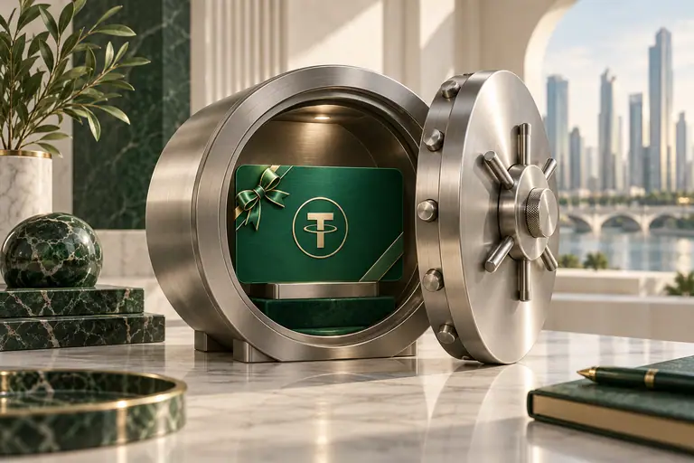 Emerald USDT gift card sheltered inside a brushed metal vault