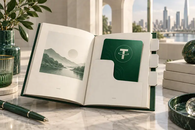 An open guidebook with an emerald crypto gift card tucked inside