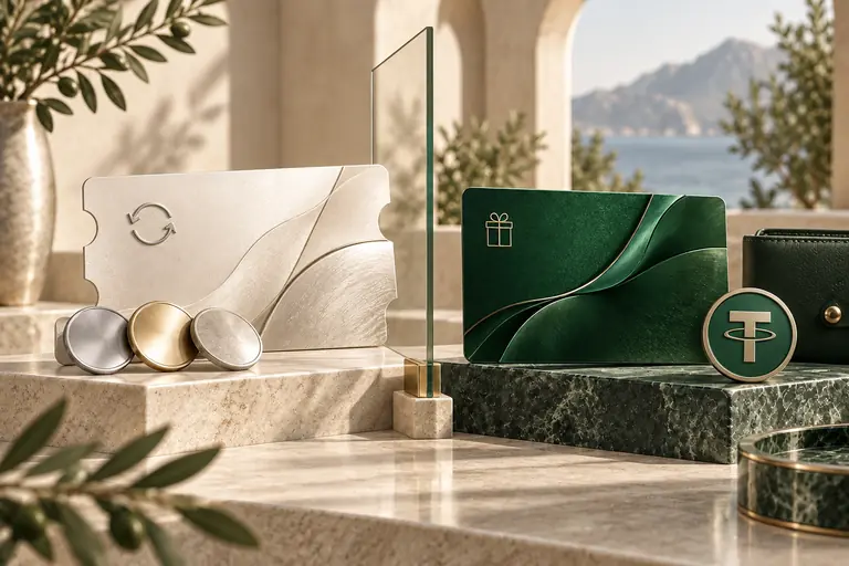 Pearl voucher with multiple tokens and an emerald gift card with a single USDT token