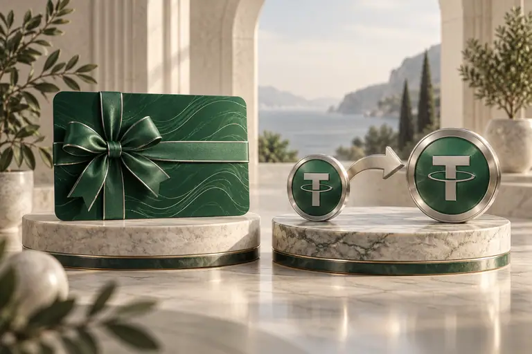 Ribbon-wrapped USDT card beside two tokens connected by an arrow