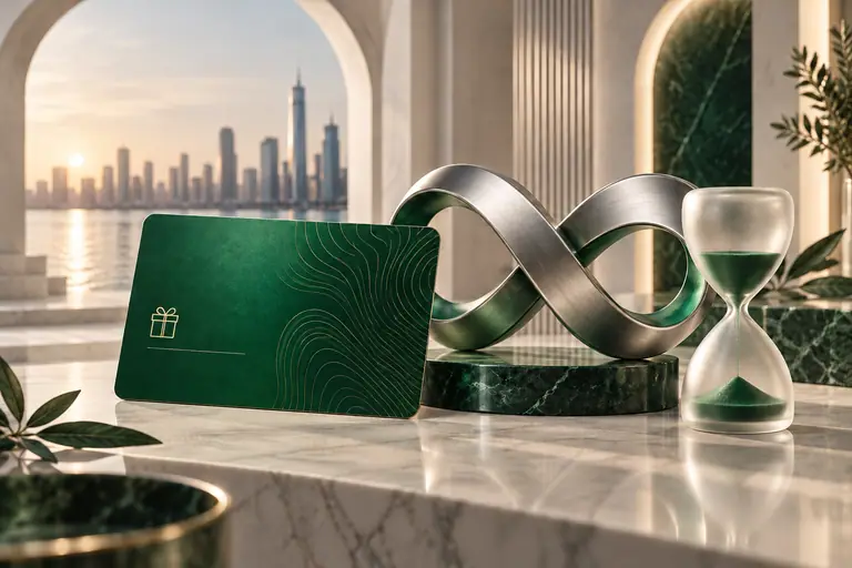 Emerald gift card with a silver infinity loop and a glass hourglass