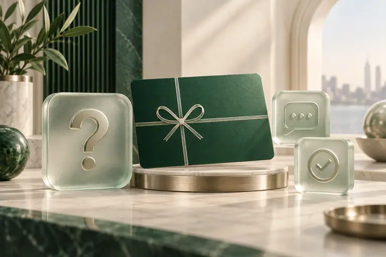 Green gift card surrounded by glass question and conversation symbols