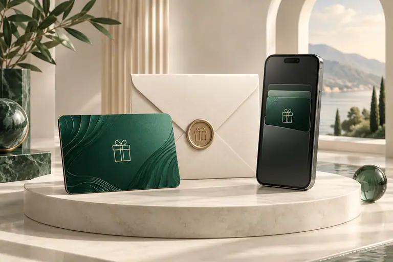 A gift card, sealed envelope and digital wallet on a circular platform