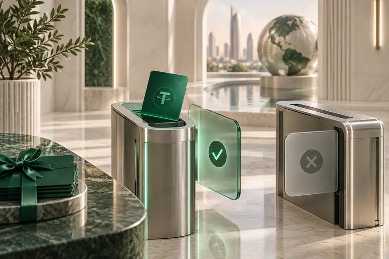 Gift card at a green one-way gate beside a closed second gate