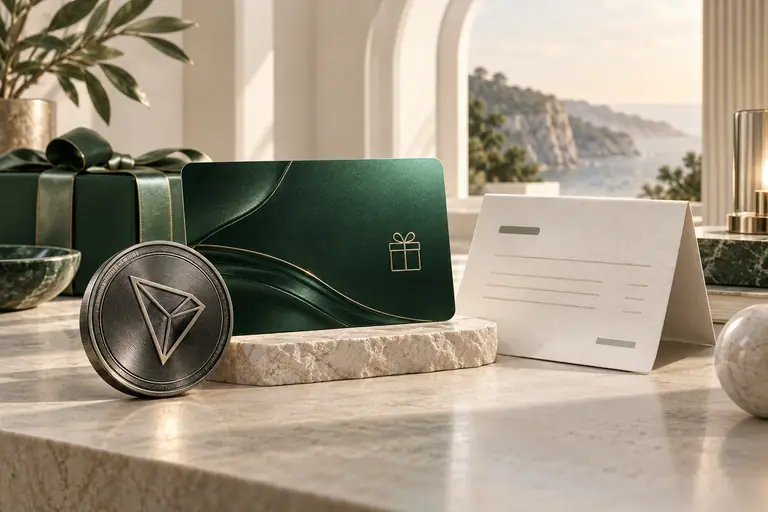 TRON token beside an emerald gift card and a payment invoice