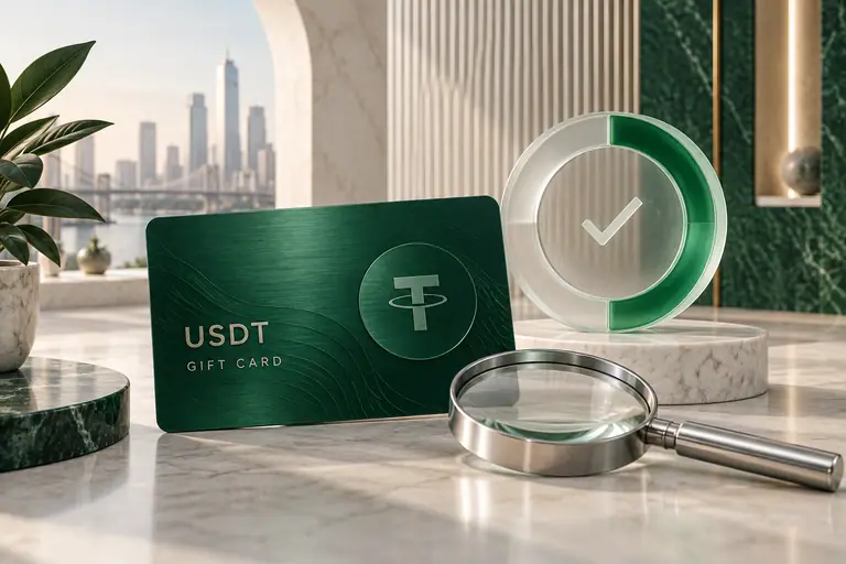 USDT gift card with a glass progress ring and a diagnostic magnifying glass