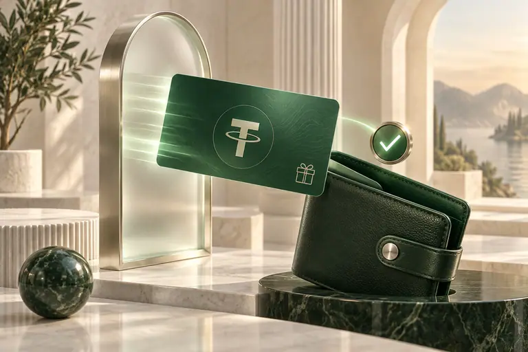 USDT gift card passing through a glass portal into a green wallet
