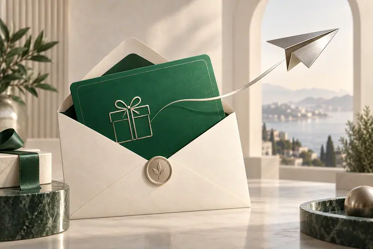 Green gift card in an ivory envelope with a silver paper plane