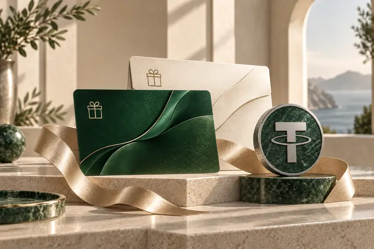 Emerald gift card and ivory envelope beside a green Tether token on a stone display