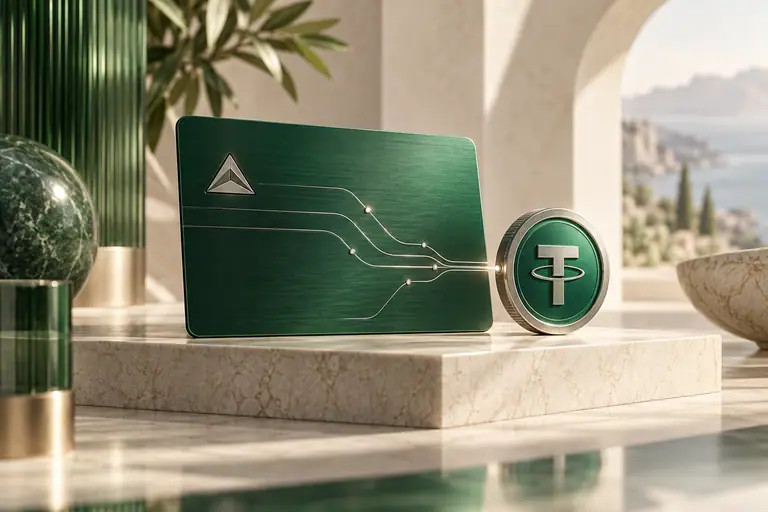 Gift card with a triangular network emblem connected to a USDT token