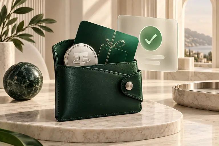 Green wallet holding a gift card and USDT token with a compatibility check