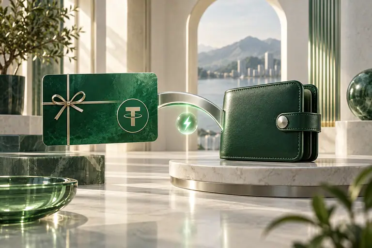 USDT gift card linked to a green wallet by a bridge with an energy symbol